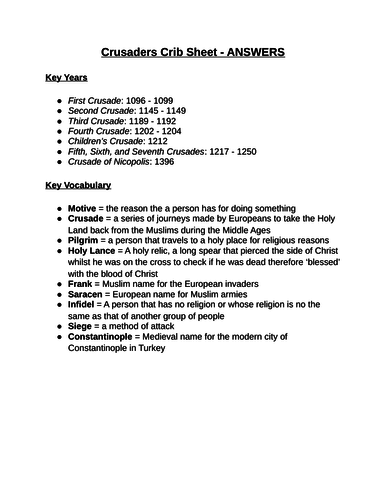 Crusaders Revision Crib Sheet