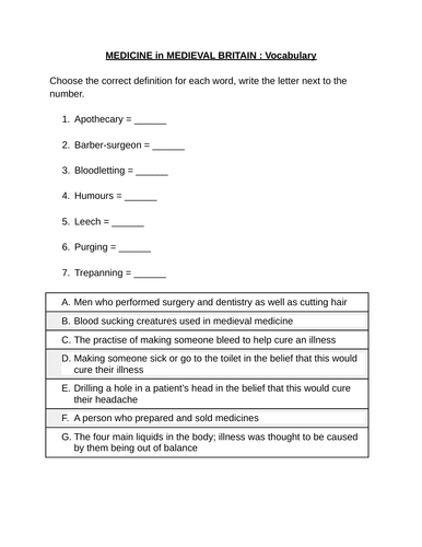 Medicine in Medieval Britain - Vocabulary Activity