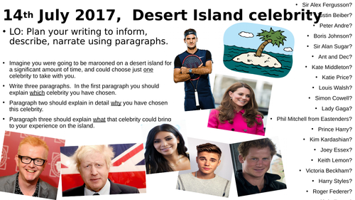 Desert Island celebrity writing task KS3 or KS4