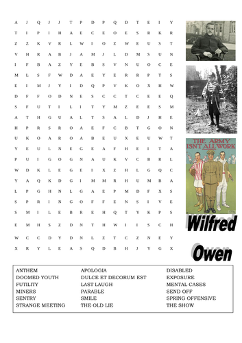 Wilfred Owen wordsearch