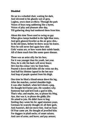 War poetry: Disabled by Wilfred Owen