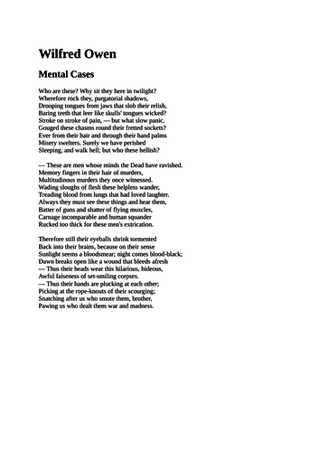 War poetry Wilfred Owen Mental Cases