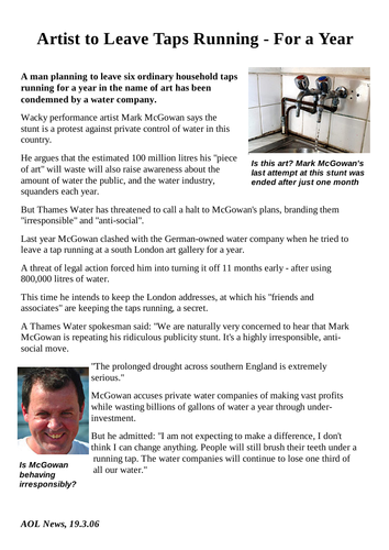 Non fiction texts - Artist to leave taps running for a year KS3 or KS4