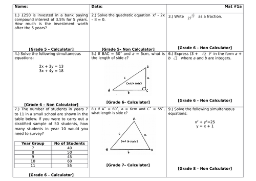 Aqa 9 1 Gcse Maths Revision Mats Teaching Resources