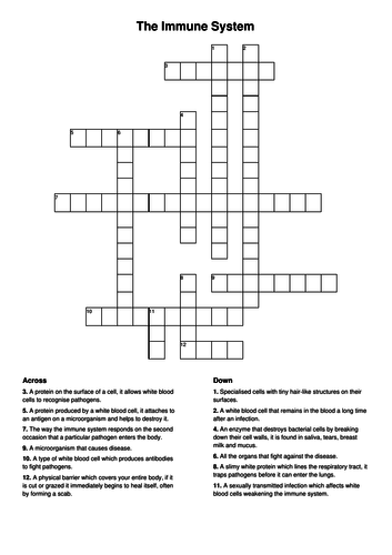 Immune system crossword puzzle KS4