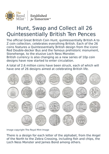 Multiple activities relating to the launch of the latest British currency release - the 10p piece