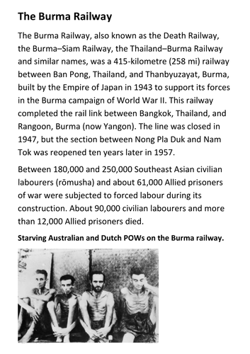 The Burma Railway and the bridge on the River Kwai Handout