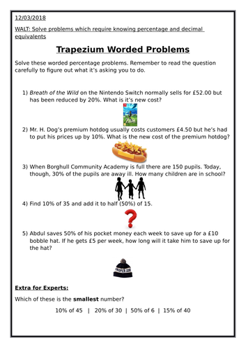 worded percentage problems year 5 teaching resources