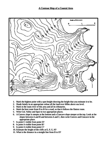 A series of Contour questions based on a complex map