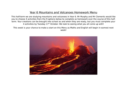 Mountains and Volcanoes Homework Menu