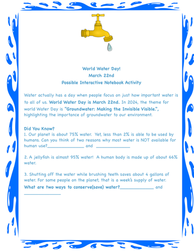 WORLD WATER DAY!(INTERACTIVE NOTEBOOK ACTIVITY) FREE