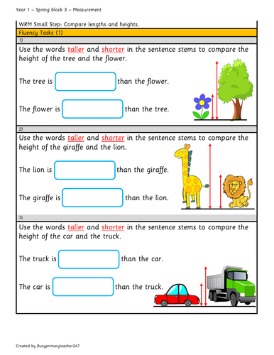 year 1 measurement comparing length and height week 8 teaching