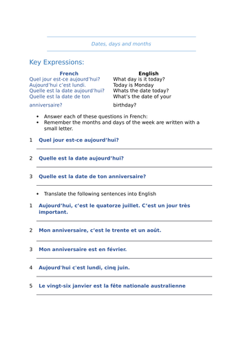 french dates worksheet teaching resources