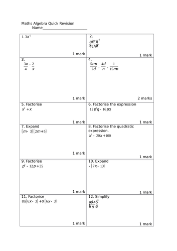 Quick Algebra Revision Yr 10 Intermediate NSW