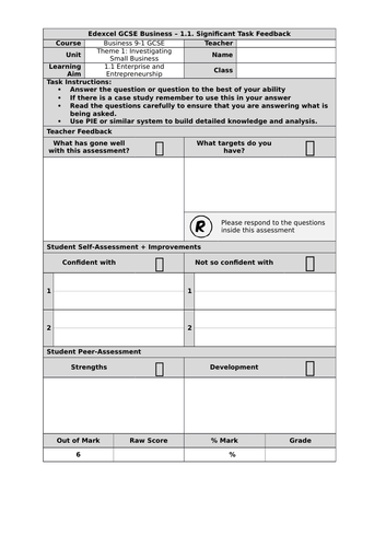 Edexcel GCSE Business Studies 9-1 Theme 1 - Section 1.1. Assessment Tasks