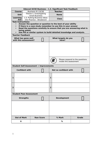 Edexcel GCSE Business Studies 9-1 - Theme 1 - Section 1.3 - Assessment Tasks