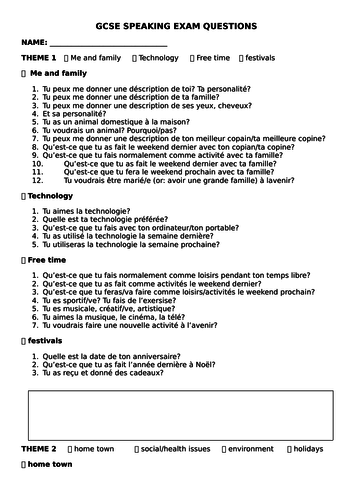 Gcse French Speaking Questions For Foundation Teaching Resources