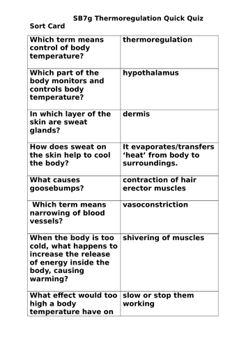 SB7g Thermoregulation Quick Quiz Question and Answer Sort Card