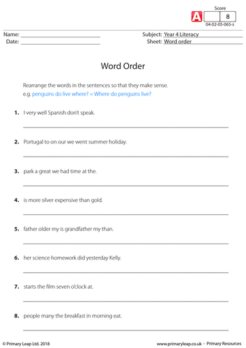 KS2 English Resource - Word Order