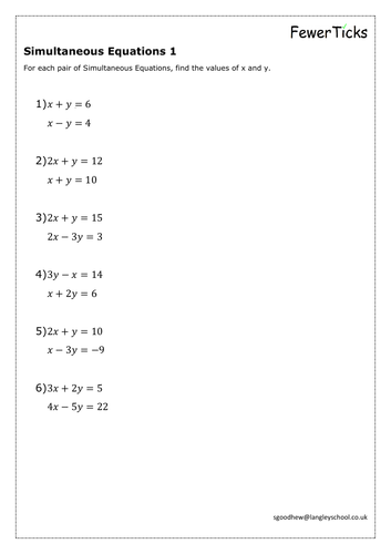 Simultaneous Equations Worksheet