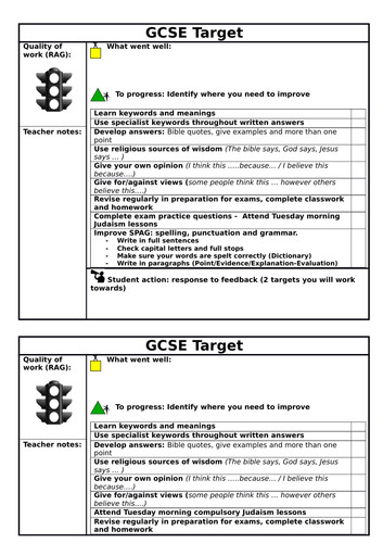 RE Assessment student feedback sheets