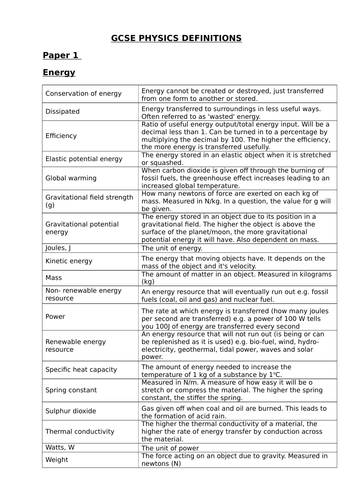 AQA Physics 9-1 Key Word Definitions