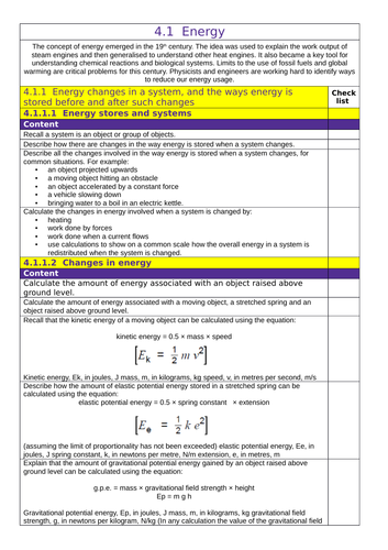 AQA: GCSE (1-9): Physics :4.1 Energy Tick List
