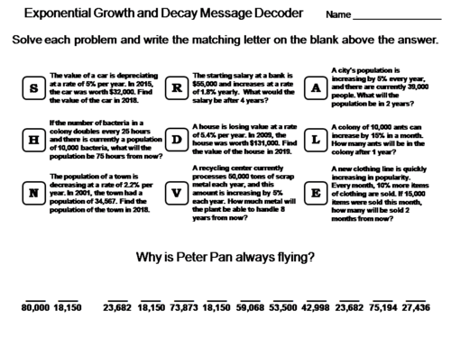 Exponential Growth And Decay Activity Math Message Decoder Teaching Resources