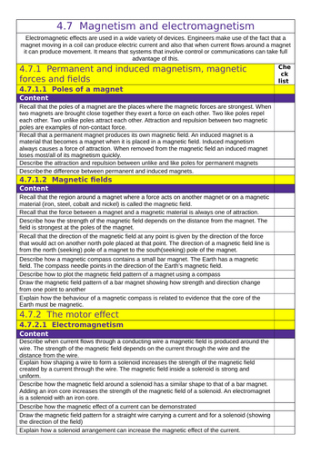 AQA: GCSE (1-9): Physics :4.7  Magnetism and electromagnetism Tick List
