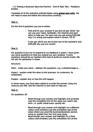 Edexcel GCSE Business Studies 9-1 - Theme 1 - Section 1.3. Mid Unit Test (Up to breakeven)