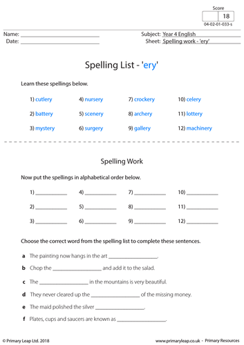 KS2 English Resource - Spellings 'ery'