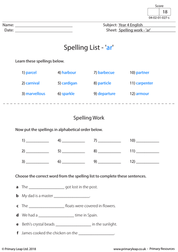 KS2 English Resource - Spellings 'ar'