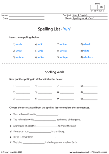 KS2 English Resource - Spellings 'wh'