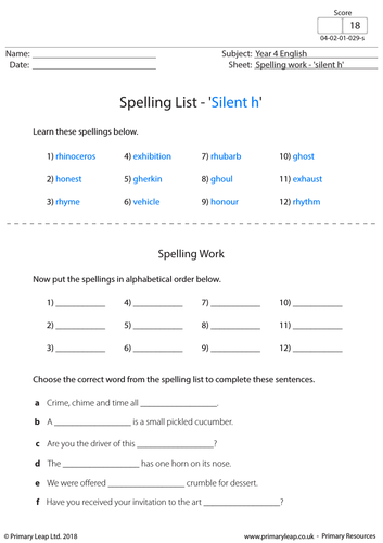 KS2 English Resource - Spellings 'silent h'