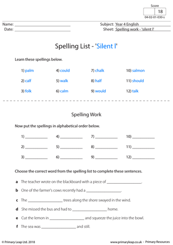 KS2 English Resource - Spellings 'silent l'
