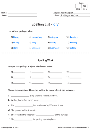 KS2 English Resource - Spellings 'ory'