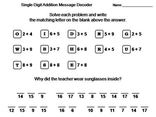 Single Digit Addition Activity: Math Message Decoder