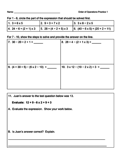 Order of Operations Practice Worksheet