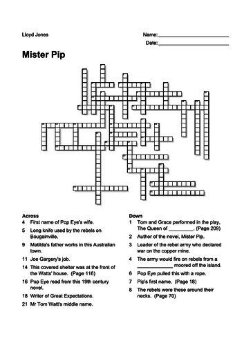 Mister Pip Crossword Teaching Resources