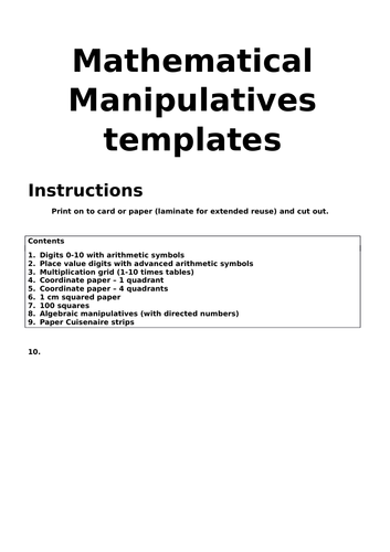 Mathematics Manipulatives Templates