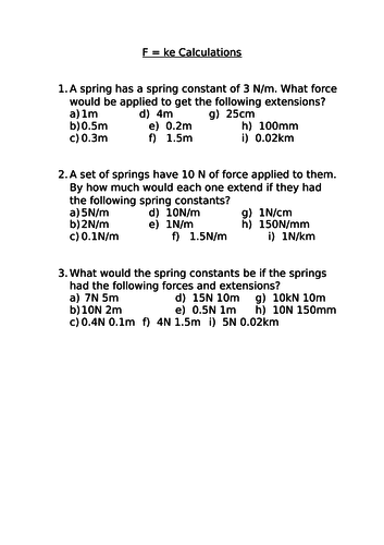 Force, spring constant and extension calculation questions | Teaching ...