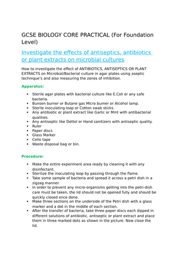 GCSE Biology Practical Effects of antiseptics, antibiotics or plant extracts on microbial cultures,