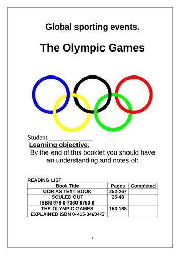 UPDATED Global Sports events. OCR A level. student booklet Olympic games