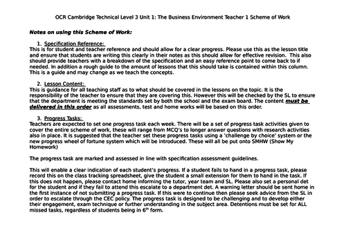 OCR Cambridge Technical Lv 3 Business - Unit 1 The Business Environment - 2 Teacher SOW