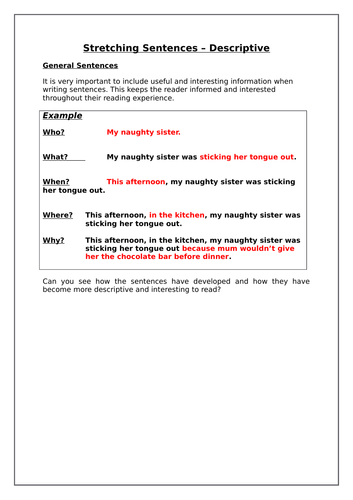 Stretching Descriptive Sentences Worksheet
