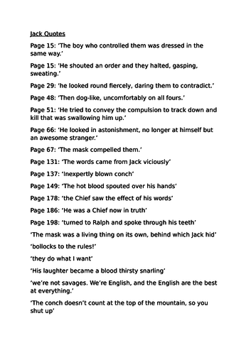 Aqa Gcse English 9 1 2018 Lord Of The Flies Jack Quotes Teaching Resources