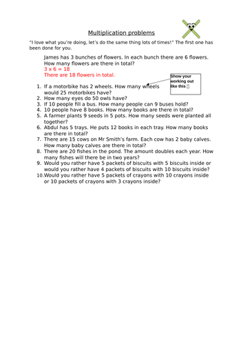 Multiplication worded problems YEAR 2 (differentiated) includes working wall poster and Smartbook