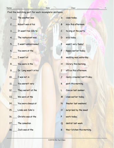 Past Simple Tense Verb Be Statements Sentence Match Worksheet