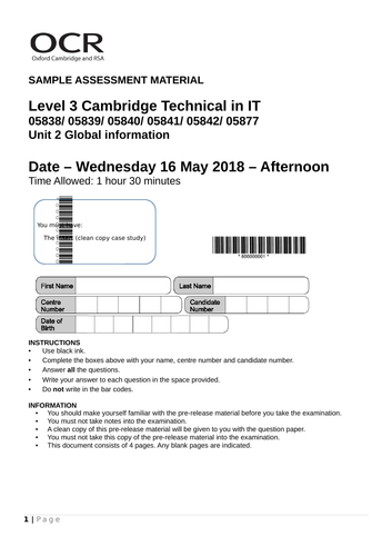 Cambridge Technicals - IT - Unit 2 - Global Information - Project LakeSailing Scenario - Mock Exam