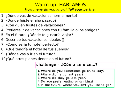 KS3 MA/ GCSE Speaking quiz lesson on LAS VACACIONES
